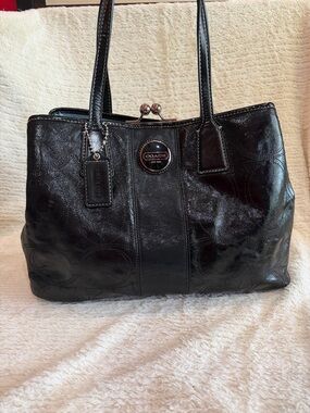Coach Black Leather Tote with Signature Trim